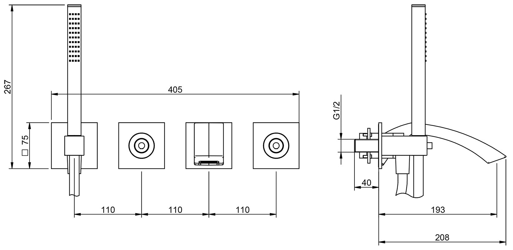 Rubinetterie Treemme Arché Miscelatore Monocomando Vasca / Doccia Incasso Installazione a Muro 4 Fori Materiale Ottone Finitura Cromata Con Doccetta Estraibile Stile Moderno Con Piastra 