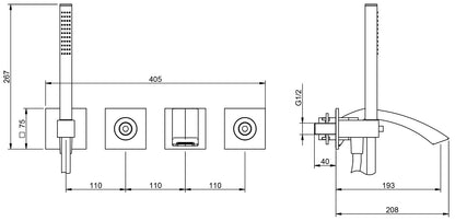 Rubinetterie Treemme Arché Miscelatore Monocomando Vasca / Doccia Incasso Installazione a Muro 4 Fori Materiale Ottone Finitura Cromata Con Doccetta Estraibile Stile Moderno Con Piastra 