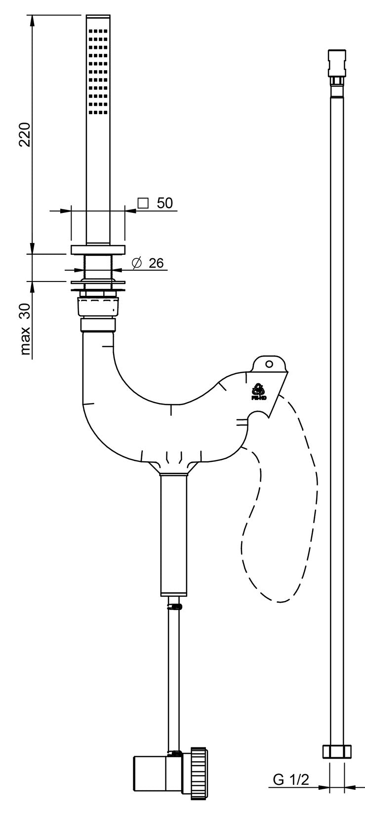 Rubinetterie Treemme Arché Doccetta Estraibile a Mano Bordo Vasca Ad Appoggio Altezza 220 mm Flessibile in PVC 1,5 Metri Materiale Metallo Finitura Cromata Stile Moderno Uscita Acqua a Getto