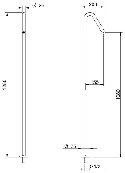 Rubinetterie Treemme 3M Electronic Washbasin Tap RWAA 7282 CC 75 Bocca Lavabo Da Terra a Pavimento Getto Erogazione Uscita Acqua 1080 mm Ottone Cromato Forma Tonda Stile Moderno Monoforo Lunghezza 203 mm Altezza 1250 mm Portata Acqua 5 Litri Al Minuto