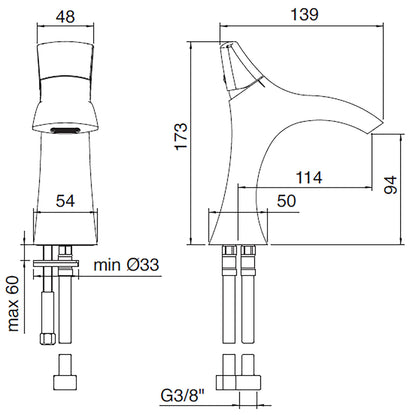 Miscelatore Monocomando Lavabo / Bidet 94 mm Rubinetterie Treemme Hedo' Materiale Ottone Finitura Cromata