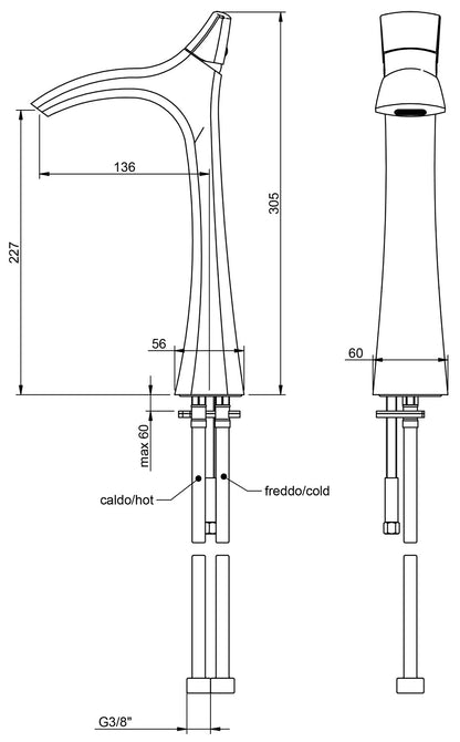 Miscelatore Monocomando Lavabo 222 mm Rubinetterie Treemme Hedo' Materiale Ottone Finitura Cromata