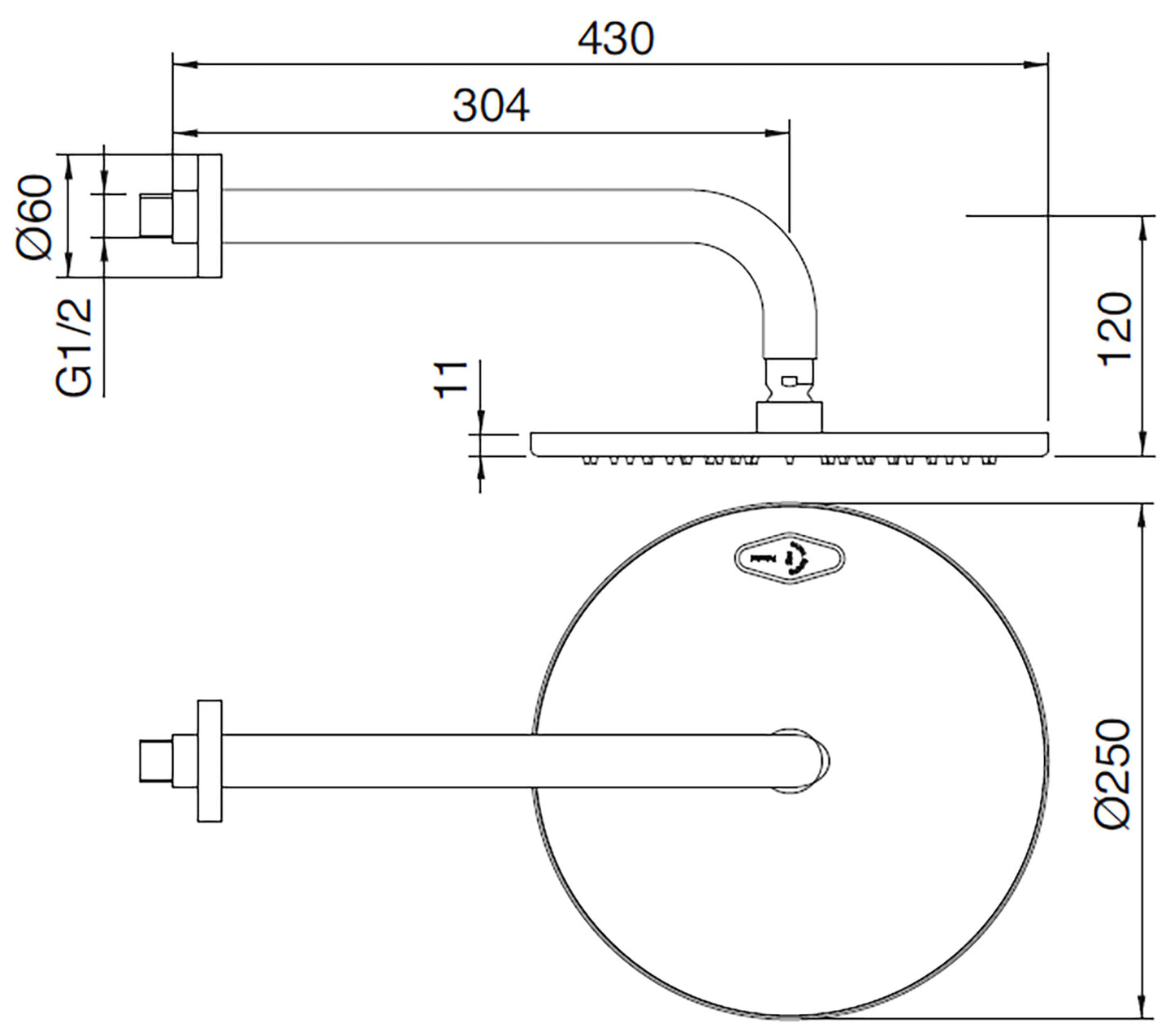 Rubinetterie Treemme Line Soffione Doccia A Parete Tondo In Metallo Diametro 250 mm Anticalcare Con Braccio Doccia 304 mm Materiale Ottone Finitura Cromata