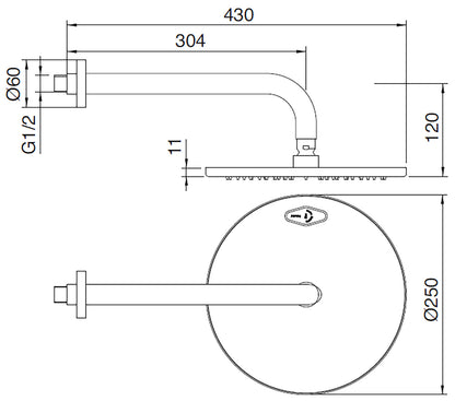 Rubinetterie Treemme Line Soffione Doccia A Parete Tondo In Metallo Diametro 250 mm Anticalcare Con Braccio Doccia 304 mm Materiale Ottone Finitura Cromata