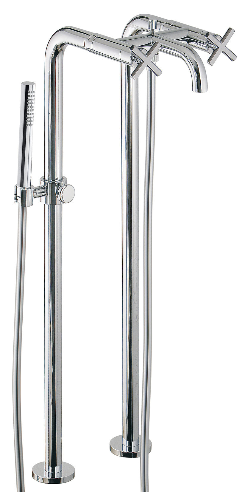 Rubinetterie Treemme Line Miscelatore Gruppo Vasca Esterno Su Colonne Meccanico Da Terra A Pavimento 2 Fori Materiale Ottone Finitura Cromata 2 Leve Manopole Stile Moderno Doccetta Metallo Flessibile PVC