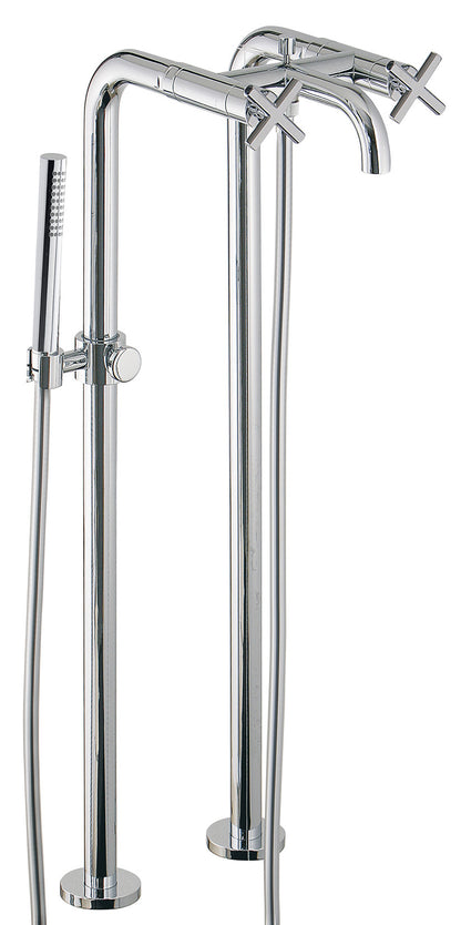 Rubinetterie Treemme Line Miscelatore Gruppo Vasca Esterno Su Colonne Meccanico Da Terra A Pavimento 2 Fori Materiale Ottone Finitura Cromata 2 Leve Manopole Stile Moderno Doccetta Metallo Flessibile PVC