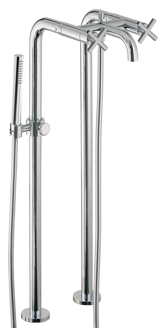 Rubinetterie Treemme Line Miscelatore Gruppo Vasca Esterno Su Colonne Meccanico Da Terra A Pavimento 2 Fori Materiale Ottone Finitura Cromata 2 Leve Manopole Stile Moderno Doccetta Metallo Flessibile PVC