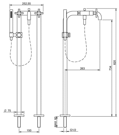 Rubinetterie Treemme Line Miscelatore Gruppo Vasca Esterno Su Colonne Meccanico Da Terra A Pavimento 2 Fori Materiale Ottone Finitura Cromata 2 Leve Manopole Stile Moderno Doccetta Metallo Flessibile PVC