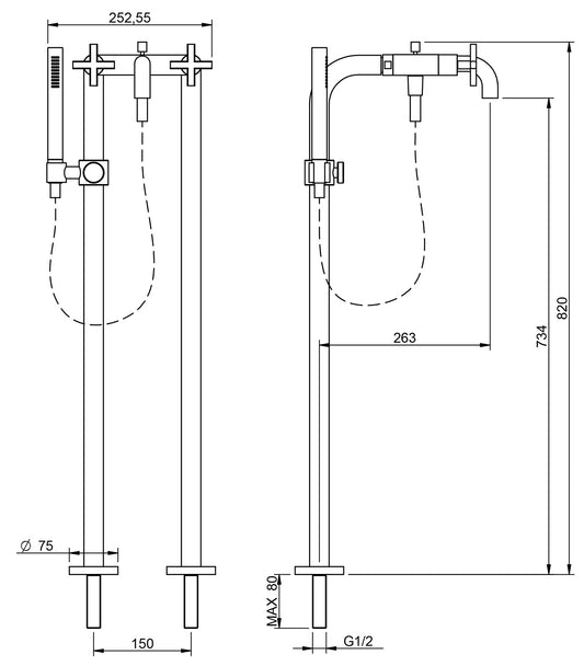 Rubinetterie Treemme Line Miscelatore Gruppo Vasca Esterno Su Colonne Meccanico Da Terra A Pavimento 2 Fori Materiale Ottone Finitura Cromata 2 Leve Manopole Stile Moderno Doccetta Metallo Flessibile PVC