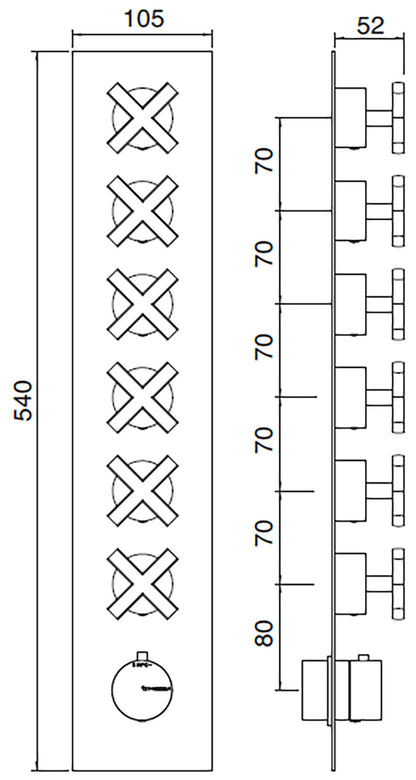 Rubinetterie Treemme Line Miscelatore Doccia 6 Uscite Termostatico Incasso A Muro Parte Interna e Esterna Incluse Materiale Ottone Finitura Cromata 7 Fori Monocomando 1 Leva Stile Moderno Con Piastra