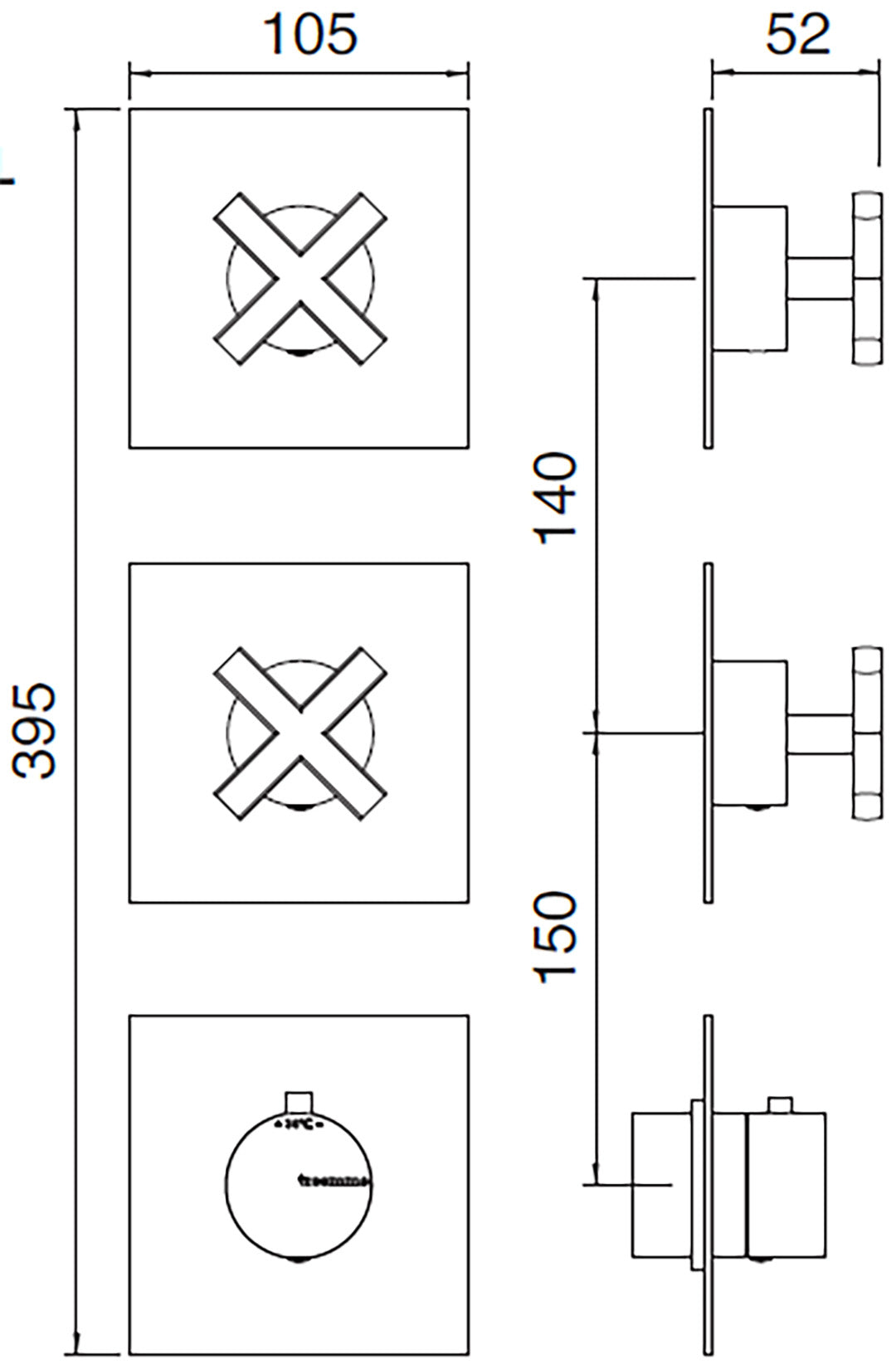 Rubinetterie Treemme Line Miscelatore Doccia 2 Uscite Termostatico Incasso A Muro Senza Piastra 3 Fori Monocomando 1 Leva Parte Interna e Esterna Incluse Stile Moderno Materiale Ottone Finitura Cromata