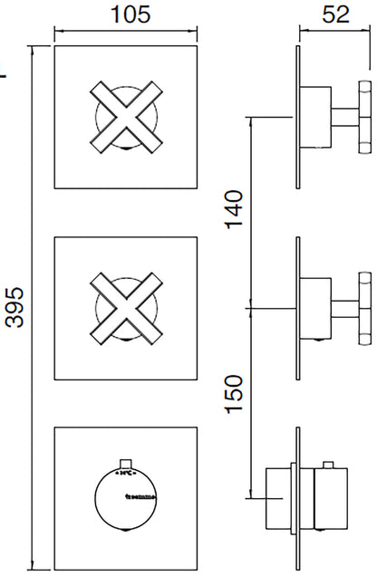 Rubinetterie Treemme Line Miscelatore Doccia 2 Uscite Termostatico Incasso A Muro Senza Piastra 3 Fori Monocomando 1 Leva Parte Interna e Esterna Incluse Stile Moderno Materiale Ottone Finitura Cromata