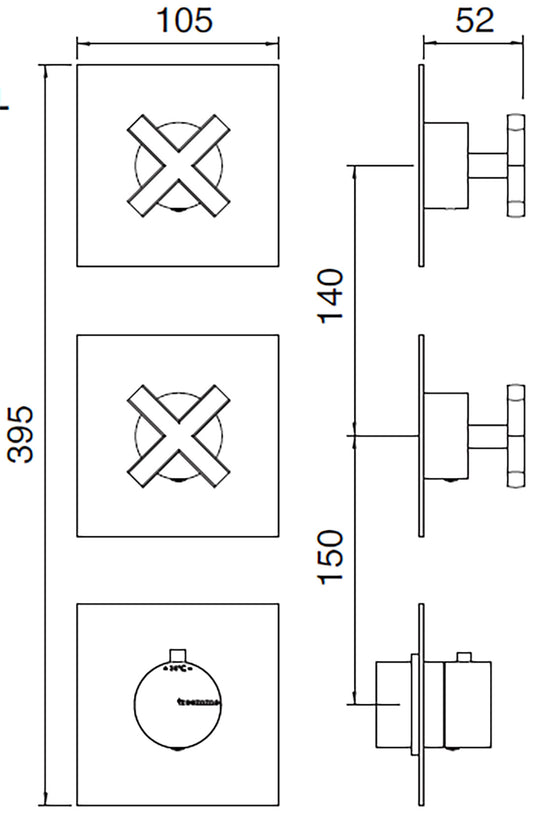 Rubinetterie Treemme Line Miscelatore Doccia 2 Uscite Termostatico Incasso A Muro Senza Piastra 3 Fori Monocomando 1 Leva Parte Interna e Esterna Incluse Stile Moderno Materiale Ottone Finitura Cromata