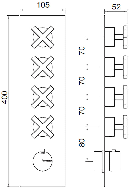 Rubinetterie Treemme Line Miscelatore Doccia 4 Uscite Termostatico Incasso A Muro Parte Interna e Esterna Incluse Materiale Ottone Finitura Cromata 5 Fori Monocomando 1 Leva Stile Moderno Con Piastra