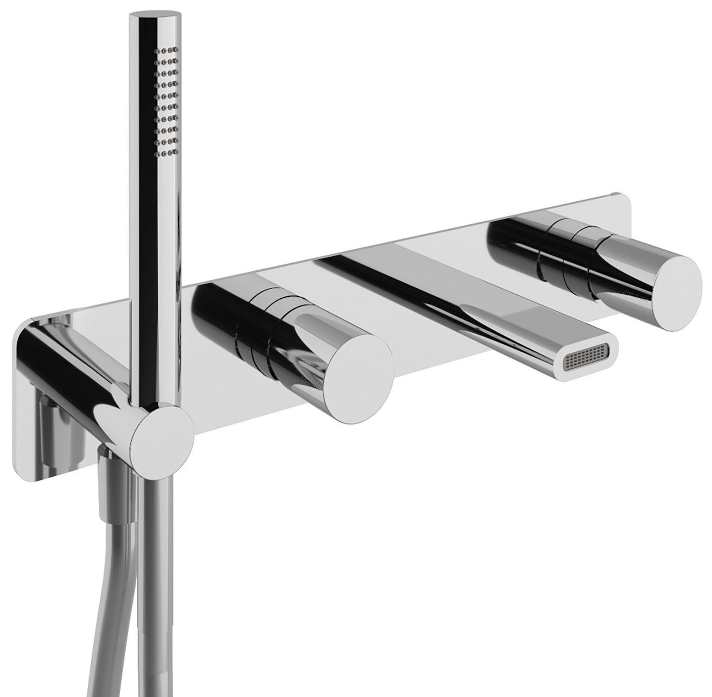 Rubinetterie Treemme Nanotech Miscelatore Vasca / Doccia Meccanico Incasso A Muro Parte Interna Esterna Inclusa 4 Fori Con Piastra Materiale Ottone Finitura Cromata Monocomando 2 Leve Manopole Stile Moderno Doccetta Metallo Flessibile PVC