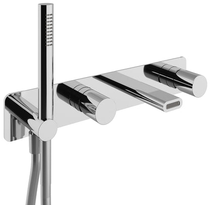 Rubinetterie Treemme Nanotech Miscelatore Vasca / Doccia Meccanico Incasso A Muro Parte Interna Esterna Inclusa 4 Fori Con Piastra Materiale Ottone Finitura Cromata Monocomando 2 Leve Manopole Stile Moderno Doccetta Metallo Flessibile PVC