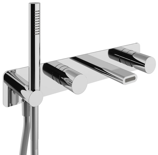 Rubinetterie Treemme Nanotech Miscelatore Vasca / Doccia Meccanico Incasso A Muro Parte Interna Esterna Inclusa 4 Fori Con Piastra Materiale Ottone Finitura Cromata Monocomando 2 Leve Manopole Stile Moderno Doccetta Metallo Flessibile PVC