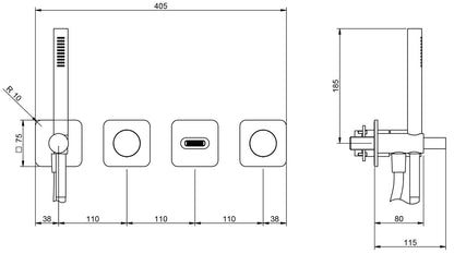 Rubinetterie Treemme Nanotech Miscelatore Vasca / Doccia Meccanico Incasso A Muro Parte Interna Esterna Inclusa 4 Fori Senza Piastra Materiale Ottone Finitura Cromata Monocomando 2 Leve Manopole Stile Moderno Doccetta Metallo Flessibile PVC