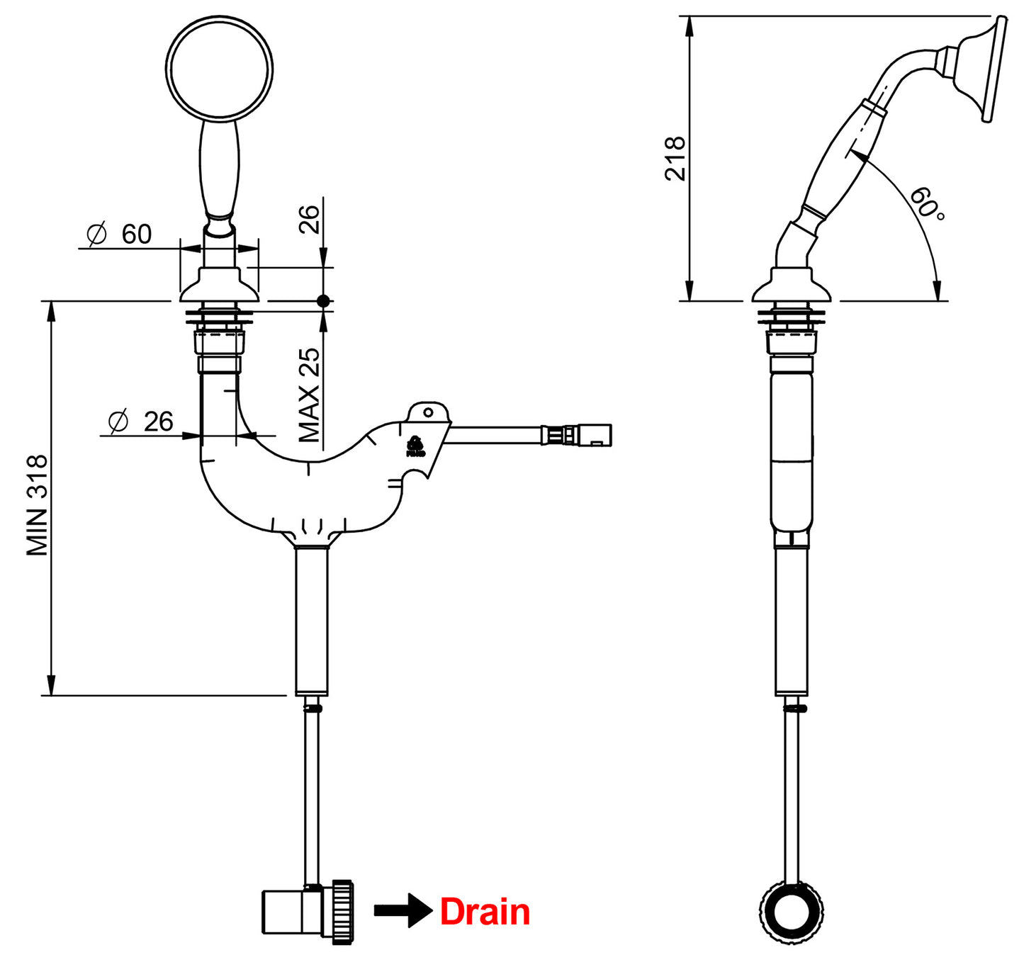 Rubinetterie Treemme 3M Old Italy RWIT 2165 CC 25 Doccetta Estraibile Mano Bordo Vasca Appoggio Altezza 218 mm Forma Tonda Flessibile 1,5 Metri Materiale Metallo Finitura Cromata Stile Classica Uscita Acqua Pioggia Portata Acqua 8 Litri Minuto