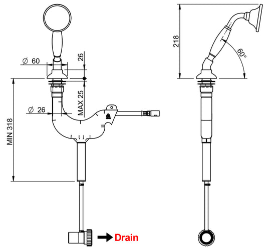 Rubinetterie Treemme 3M Old Italy RWIT 2165 CC 25 Doccetta Estraibile Mano Bordo Vasca Appoggio Altezza 218 mm Forma Tonda Flessibile 1,5 Metri Materiale Metallo Finitura Cromata Stile Classica Uscita Acqua Pioggia Portata Acqua 8 Litri Minuto