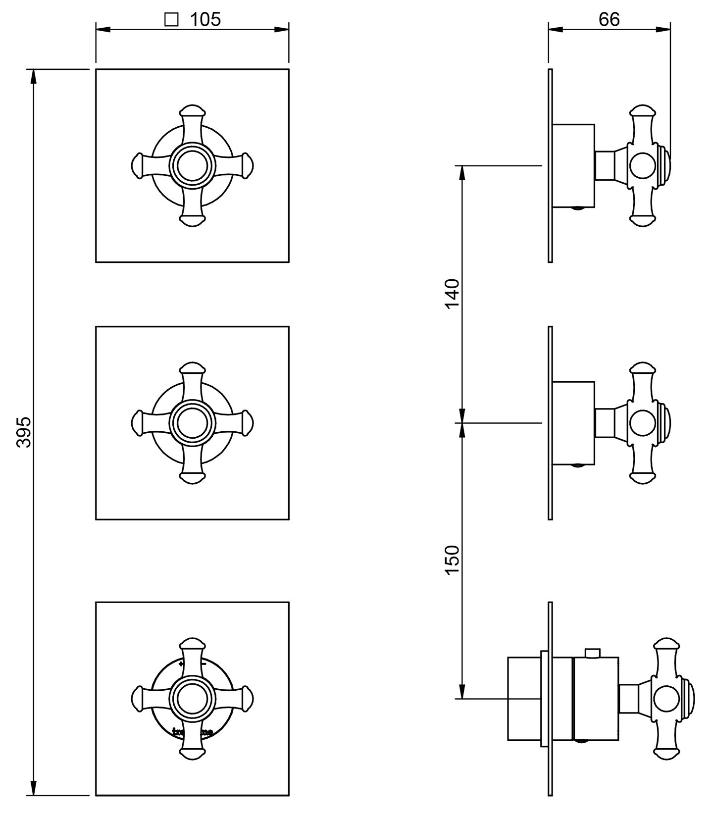 Rubinetterie Treemme Old Italy RWIT 7274 CC 45 + RWIT 7274 ZZ 40 Miscelatore Doccia 2 Uscite Termostatico Incasso Muro Parte Interna Esterna Incluse Materiale Ottone Finitura Cromata 3 Fori Monocomando 1 Leva Forma Tonda Croce Stile Classico Senza Piastra
