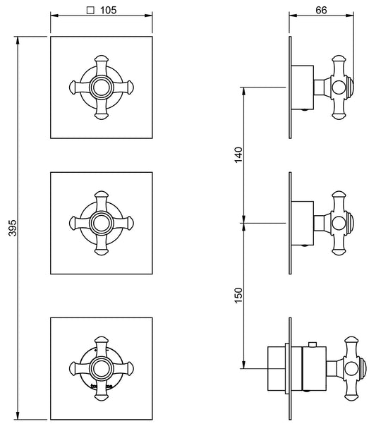 Rubinetterie Treemme Old Italy RWIT 7274 CC 45 + RWIT 7274 ZZ 40 Miscelatore Doccia 2 Uscite Termostatico Incasso Muro Parte Interna Esterna Incluse Materiale Ottone Finitura Cromata 3 Fori Monocomando 1 Leva Forma Tonda Croce Stile Classico Senza Piastra