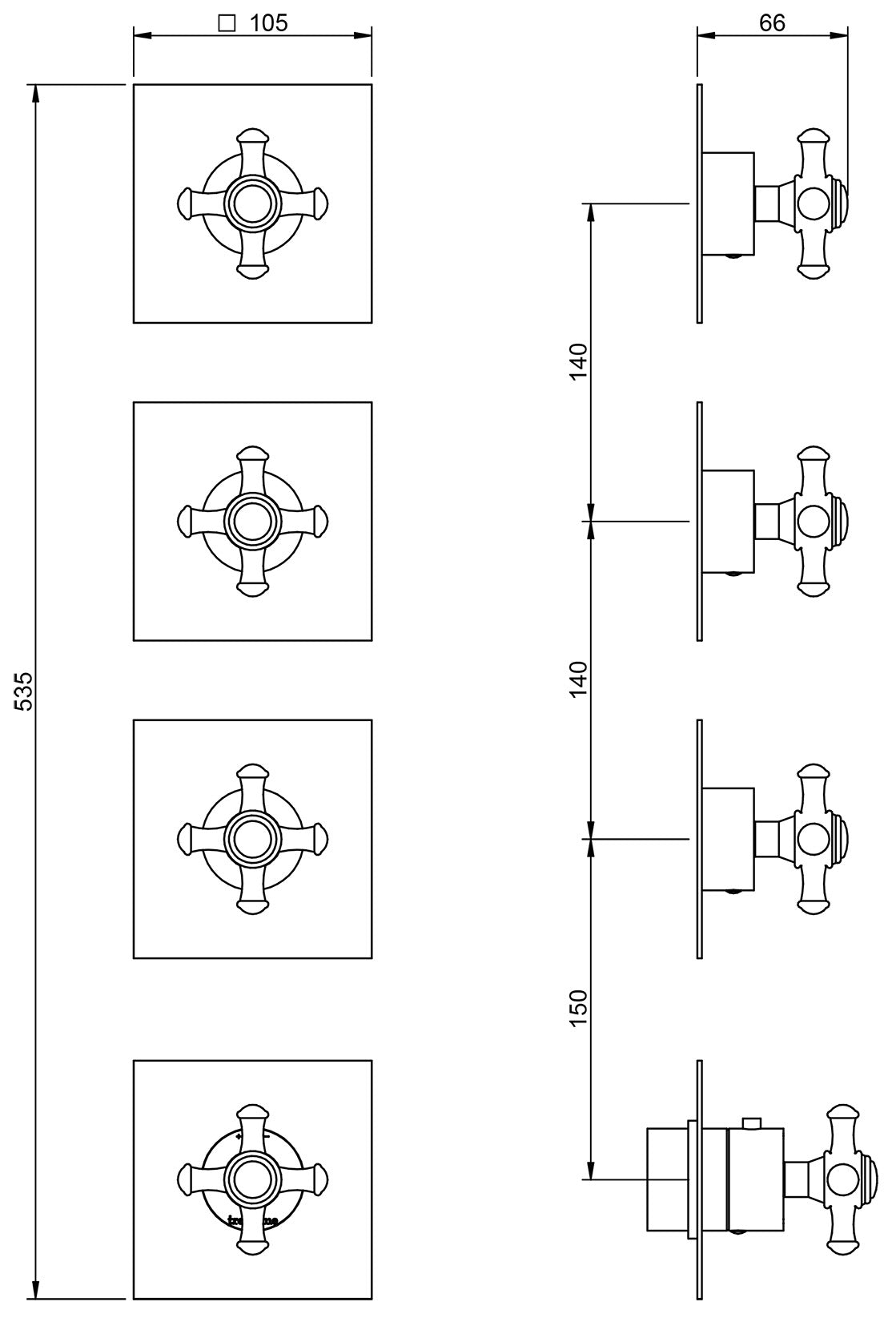 Rubinetterie Treemme Old Italy RWIT 7275 CC 45 + RWIT 7275 ZZ 40 Miscelatore Doccia 3 Uscite Termostatico Incasso Muro Parte Interna Esterna Incluse Materiale Ottone Finitura Cromata 4 Fori Monocomando 1 Leva Forma Tonda Croce Stile Classico Senza Piastra