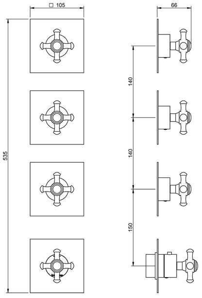 Rubinetterie Treemme Old Italy RWIT 7275 CC 45 + RWIT 7275 ZZ 40 Miscelatore Doccia 3 Uscite Termostatico Incasso Muro Parte Interna Esterna Incluse Materiale Ottone Finitura Cromata 4 Fori Monocomando 1 Leva Forma Tonda Croce Stile Classico Senza Piastra