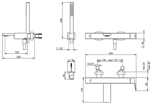 Rubinetterie Treemme 3M Pa36 IT 8B00 CC QF ZZ Miscelatore Vasca Esterno Muro Monocomando Meccanico 3 Fori Ottone Cromato 1 Leva Stile Moderno Doccetta Estraibile Metallo Flessibile PVC