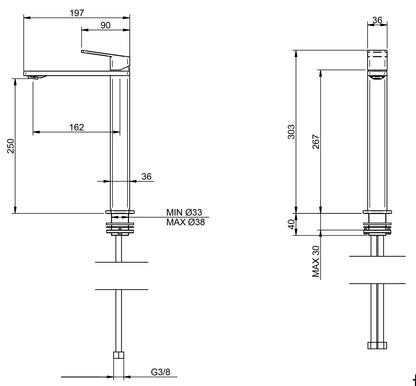 Rubinetterie Treemme 3M PA36 IT 8B18 CC QF ZZ Miscelatore Lavabo 250 mm Monocomando Appoggio 1 Leva Monoforo Stile Moderno Altezza 303 mm Lunghezza 197 mm Areatore Orientabile Materiale Ottone Finitura Cromato Senza Piletta di Scarico