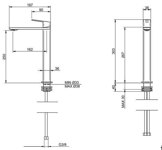 Rubinetterie Treemme 3M PA36 IT 8B18 CC QF ZZ Miscelatore Lavabo 250 mm Monocomando Appoggio 1 Leva Monoforo Stile Moderno Altezza 303 mm Lunghezza 197 mm Areatore Orientabile Materiale Ottone Finitura Cromato Senza Piletta di Scarico