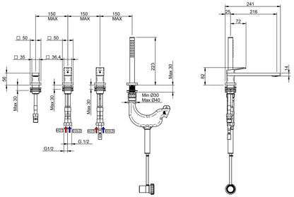 Rubinetterie Treemme 3M Pa36 IT 8B68 CC QF ZZ Miscelatore Batteria Bordo Vasca Appoggio 4 Fori Meccanico Con Doccetta Estraibile Metallo Flessibile PVC Senza Piastra Ottone Cromata 2 Leve Manopole Stile Moderno