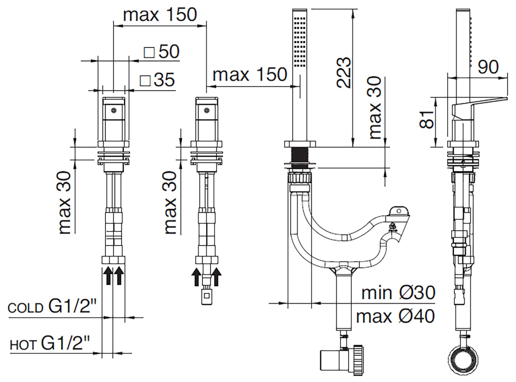 Rubinetterie Treemme 3M Pa36 IT 8B69 CC QF ZZ Miscelatore Batteria Bordo Vasca Appoggio 3 Fori Meccanico Con Doccetta Estraibile Metallo Flessibile PVC Senza Bocca 2 Leve Manopole Stile Moderno Ottone Cromata