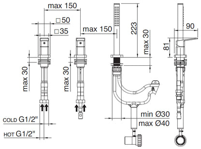 Rubinetterie Treemme 3M Pa36 IT 8B69 CC QF ZZ Miscelatore Batteria Bordo Vasca Appoggio 3 Fori Meccanico Con Doccetta Estraibile Metallo Flessibile PVC Senza Bocca 2 Leve Manopole Stile Moderno Ottone Cromata
