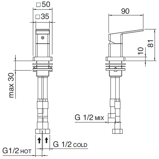 Rubinetterie Treemme 3M Pa36 RWIT 8B65 CC 01 Miscelatore Monocomando Remoto Da Piano Per Vasca Appoggio Forma Quadra Monoforo 1 Leva Stile Moderno Materiale Ottone Finitura Cromata