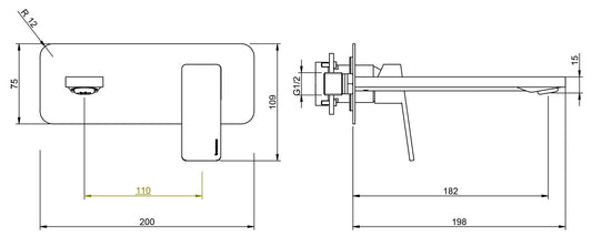 Rubinetterie Treemme 3M PA36 RWIT 8BA5 CC 01 + RWIT 51A5 ZZ 01 Miscelatore Lavabo 182 mm Monocomando Incasso a Parete Con Piastra Staffa Cartongesso 1 Leva a Destra 2 Fori Stile Moderno Lunghezza 198 mm Ottone Cromato Parte Interna Esterna Incluse