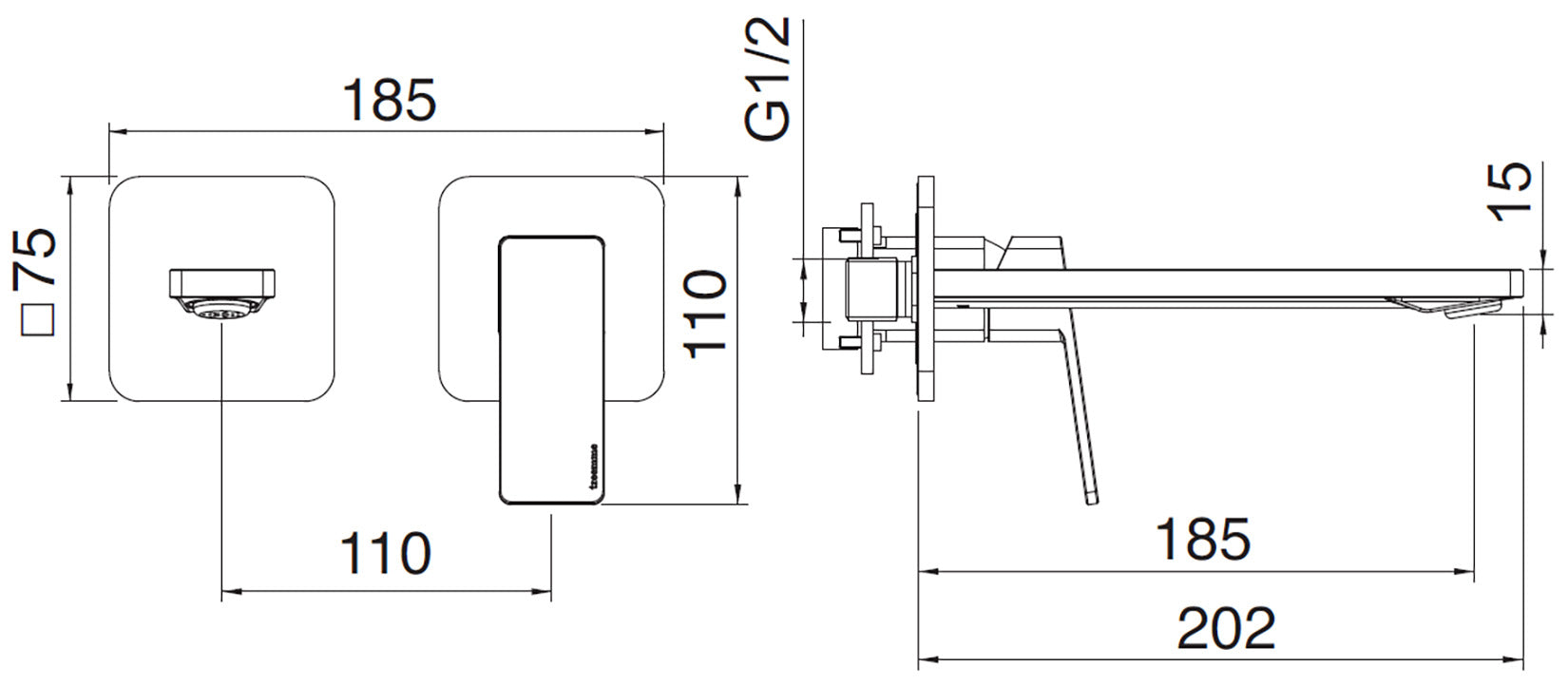 Rubinetterie Treemme 3M PA36 RWIT 8BC5 CC 01 + RWIT 51A5 ZZ 01 Miscelatore Lavabo 185 mm Monocomando Incasso a Parete Senza Piastra Staffa Cartongesso 1 Leva a Destra 2 Fori Stile Moderno Lunghezza 202 mm Ottone Cromato Parte Interna Esterna Incluse