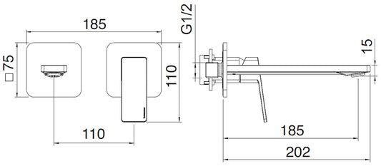 Rubinetterie Treemme 3M PA36 RWIT 8BC5 CC 01 + RWIT 51A5 ZZ 01 Miscelatore Lavabo 185 mm Monocomando Incasso a Parete Senza Piastra Staffa Cartongesso 1 Leva a Destra 2 Fori Stile Moderno Lunghezza 202 mm Ottone Cromato Parte Interna Esterna Incluse