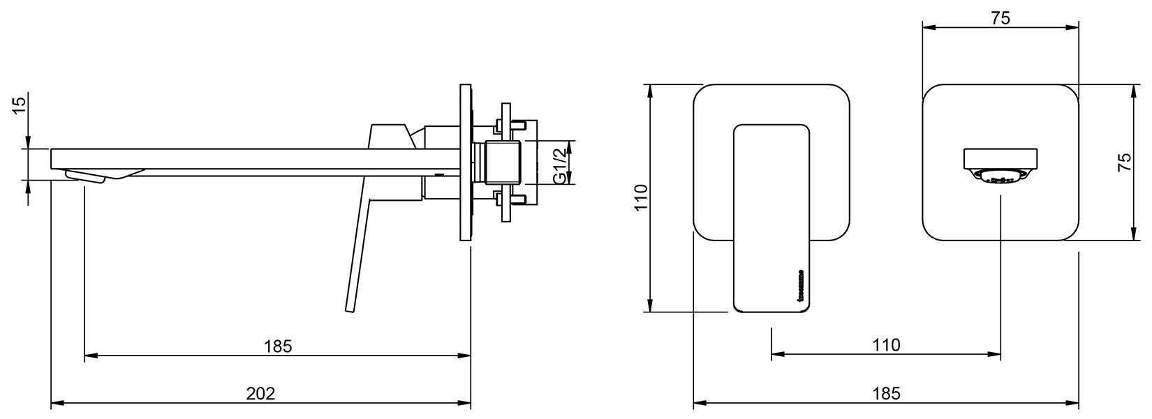 Rubinetterie Treemme 3M PA36 RWIT 8BC7 CC 01 + RWIT 51A5 ZZ 01 Miscelatore Lavabo 185 mm Monocomando Incasso a Parete Senza Piastra Staffa Cartongesso 1 Leva a Sinistra 2 Fori Stile Moderno Lunghezza 202 mm Ottone Cromato Parte Interna Esterna Incluse