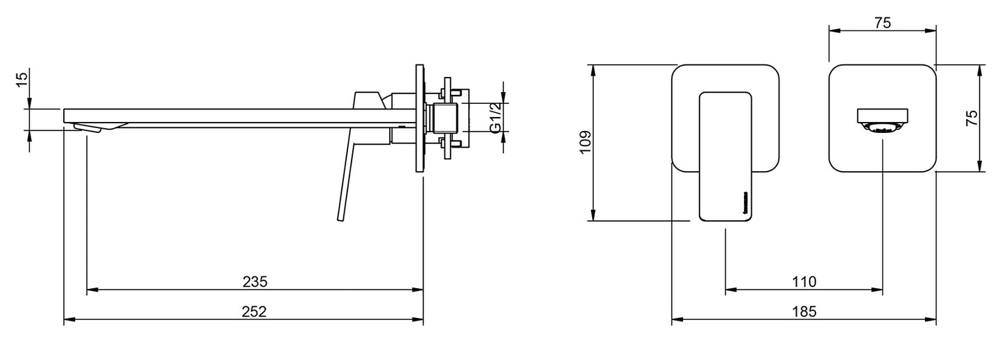 Rubinetterie Treemme 3M PA36 RWIT 8BC9 CC 01 + RWIT 51A5 ZZ 01 Miscelatore Lavabo 235 mm Monocomando Incasso a Parete Senza Piastra Staffa Cartongesso 1 Leva a Sinistra 2 Fori Stile Moderno Lunghezza 252 mm Ottone Cromato Parte Interna Esterna Incluse
