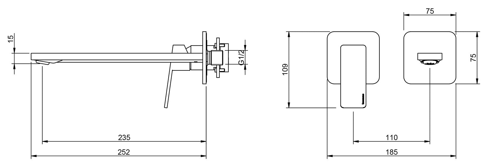 Rubinetterie Treemme 3M PA36 RWIT 8BC9 CC 01 + RWIT 51A5 ZZ 01 Miscelatore Lavabo 235 mm Monocomando Incasso a Parete Senza Piastra Staffa Cartongesso 1 Leva a Sinistra 2 Fori Stile Moderno Lunghezza 252 mm Ottone Cromato Parte Interna Esterna Incluse