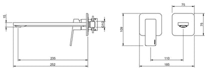 Rubinetterie Treemme 3M PA36 RWIT 8BC9 CC 01 + RWIT 51A5 ZZ 01 Miscelatore Lavabo 235 mm Monocomando Incasso a Parete Senza Piastra Staffa Cartongesso 1 Leva a Sinistra 2 Fori Stile Moderno Lunghezza 252 mm Ottone Cromato Parte Interna Esterna Incluse