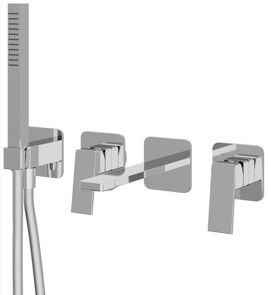 Rubinetterie Treemme 3M PA36 RWIT 8BD8 CC 01 + RWIT 51D7 ZZ 12 Miscelatore Vasca / Doccia Incasso Muro Monocomando Meccanico Parte Interna Esterna Inclusa 4 Fori Staffa Cartongesso Ottone Cromato 2 Leve Stile Moderno Doccetta Mano Metallo Flessibile PVC