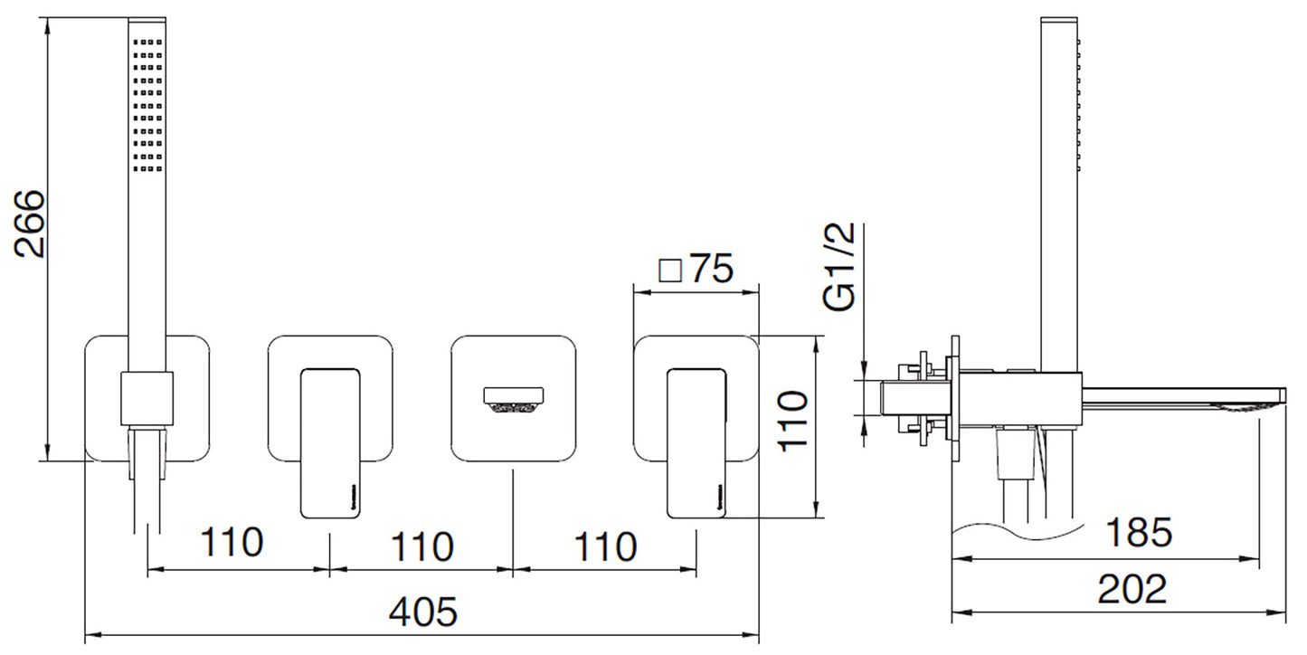 Rubinetterie Treemme 3M PA36 RWIT 8BD8 CC 01 + RWIT 51D7 ZZ 12 Miscelatore Vasca / Doccia Incasso Muro Monocomando Meccanico Parte Interna Esterna Inclusa 4 Fori Staffa Cartongesso Ottone Cromato 2 Leve Stile Moderno Doccetta Mano Metallo Flessibile PVC