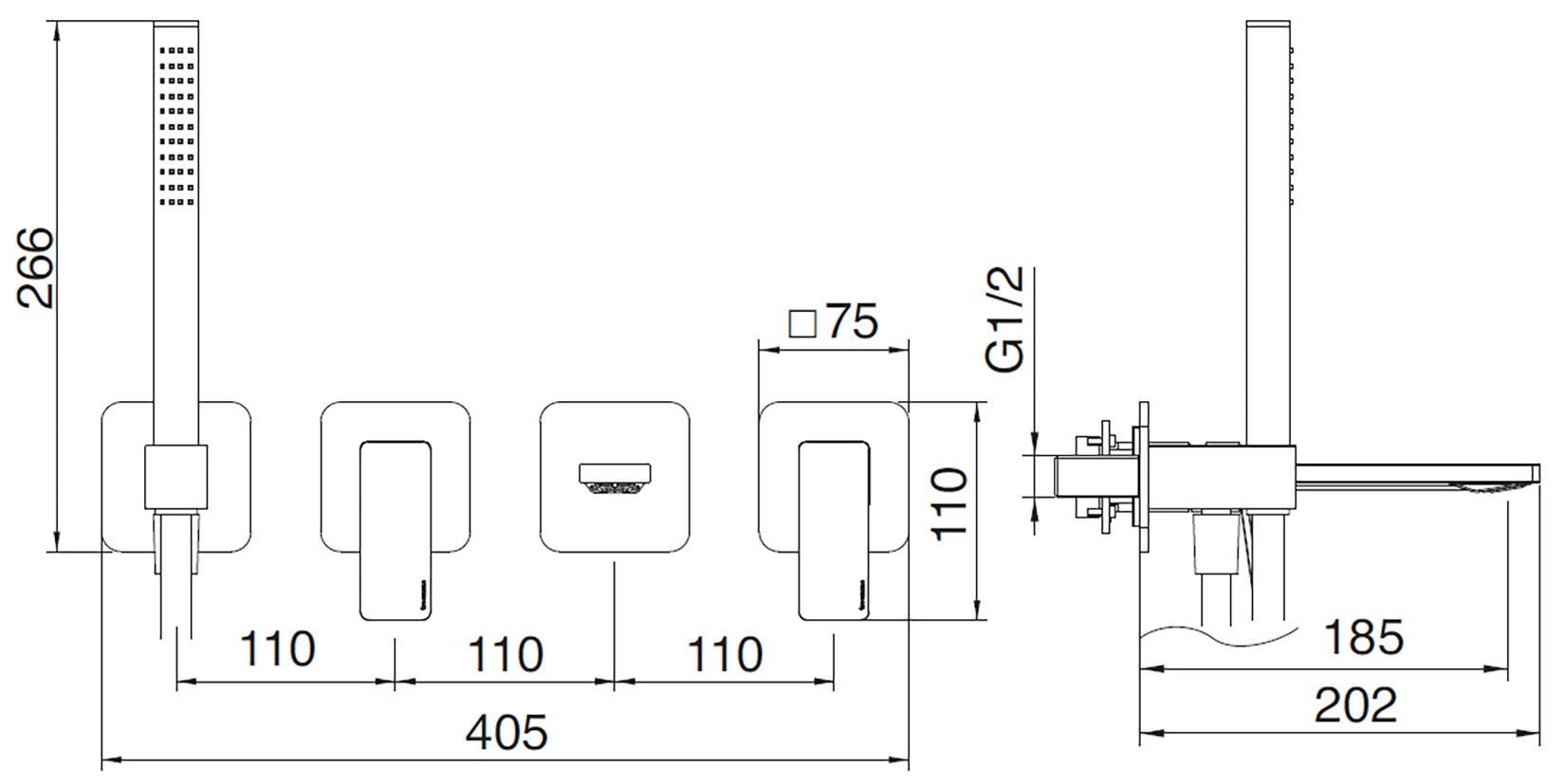 Rubinetterie Treemme 3M PA36 RWIT 8BD8 CC 01 + RWIT 51D7 ZZ 12 Miscelatore Vasca / Doccia Incasso Muro Monocomando Meccanico Parte Interna Esterna Inclusa 4 Fori Staffa Cartongesso Ottone Cromato 2 Leve Stile Moderno Doccetta Mano Metallo Flessibile PVC