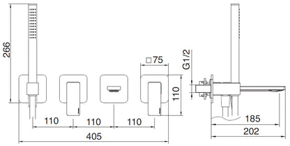 Rubinetterie Treemme 3M PA36 RWIT 8BD8 CC 01 + RWIT 51D7 ZZ 12 Miscelatore Vasca / Doccia Incasso Muro Monocomando Meccanico Parte Interna Esterna Inclusa 4 Fori Staffa Cartongesso Ottone Cromato 2 Leve Stile Moderno Doccetta Mano Metallo Flessibile PVC