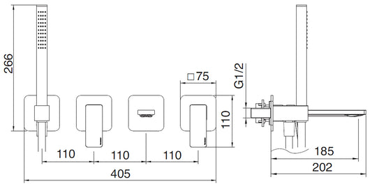 Rubinetterie Treemme 3M PA36 RWIT 8BD8 CC 01 + RWIT 51D7 ZZ 12 Miscelatore Vasca / Doccia Incasso Muro Monocomando Meccanico Parte Interna Esterna Inclusa 4 Fori Staffa Cartongesso Ottone Cromato 2 Leve Stile Moderno Doccetta Mano Metallo Flessibile PVC