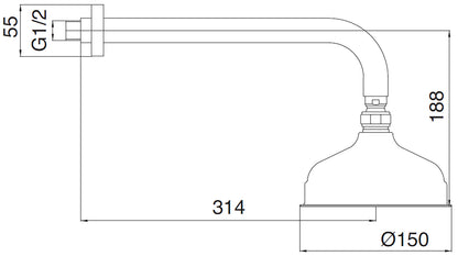 Rubinetterie Treemme 3M Piccadilly IT 0499 CC ZZ ZZ Soffione Doccia A Parete Tondo In Metallo Diametro Ø 150 mm Anticalcare Con Braccio Doccia 314 mm Materiale Ottone Finitura Cromata