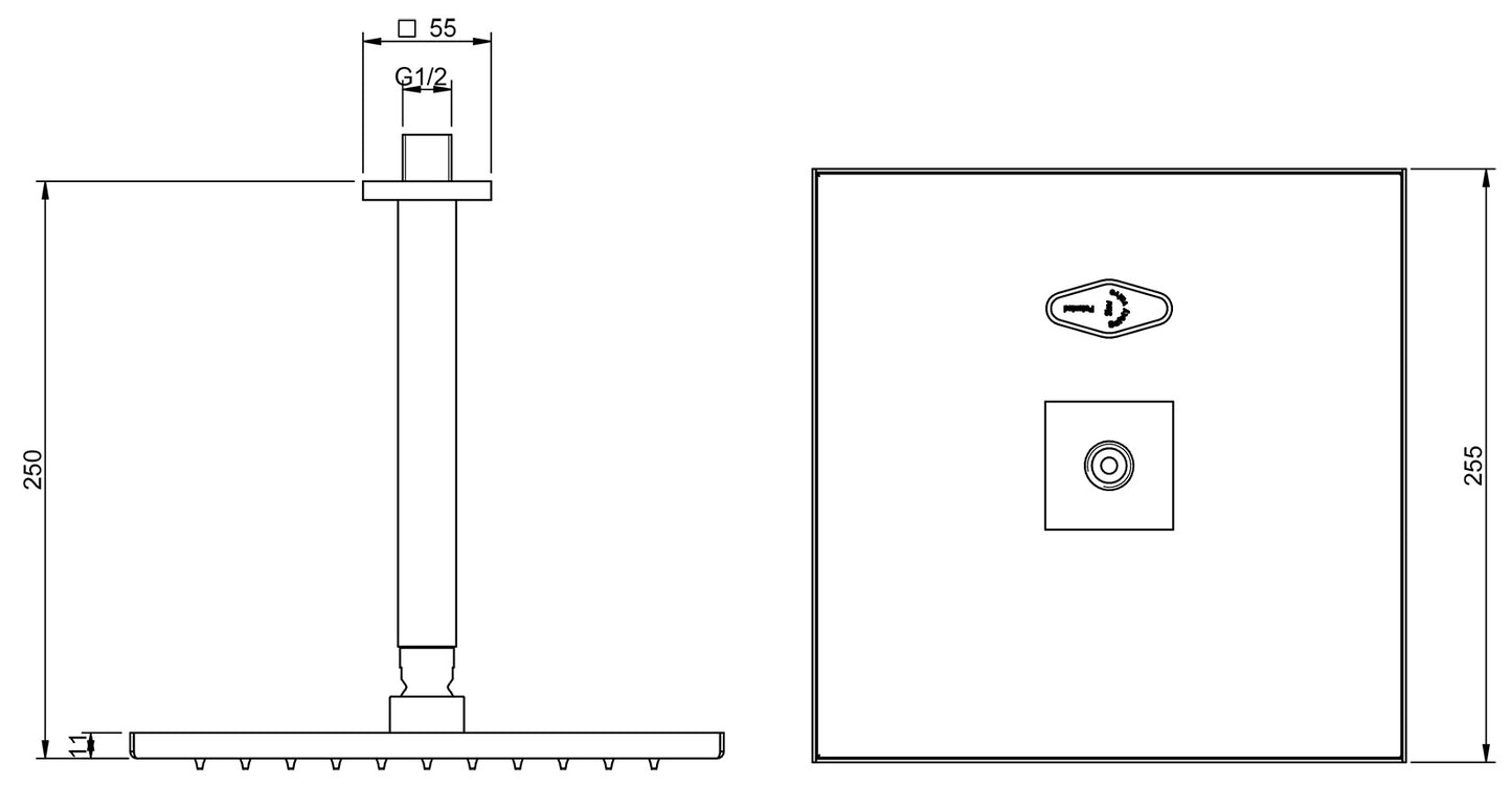 Rubinetterie Treemme Q30 Soffione Doccia A Soffitto Quadro In Metallo 255x255 mm Anticalcare Con Braccio Doccia 250 mm Materiale Ottone Finitura Cromata