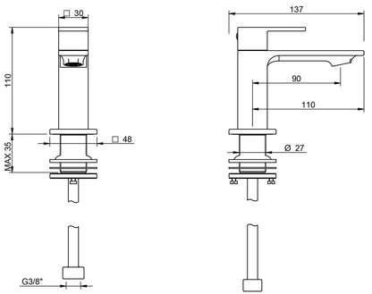 Rubinetterie Treemme Q30 Miscelatore Lavabo Solo Acqua Fredda Appoggio Monocomando 1 Leva Monoforo Materiale Ottone Finitura Cromato Stile Moderno Altezza 110 mm Lunghezza 137 mm
